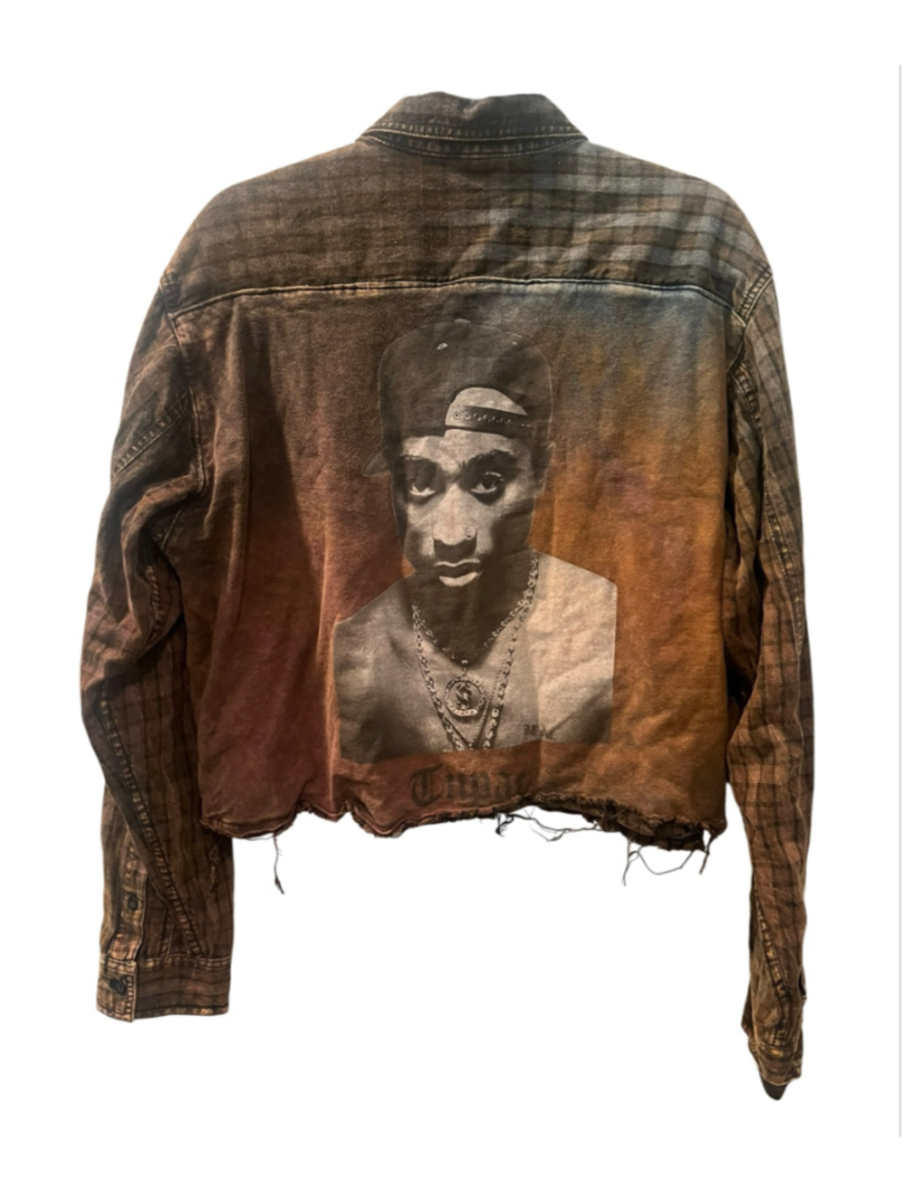 Vtg Custom Upcycled 2PAC Crop Flannel Jacket Reworked Distressed Streetwear M/L